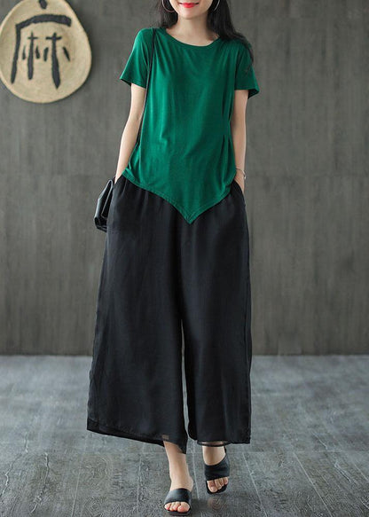Handmade Black-print3 Elastic Waist Retro Wide Leg Crop Pants