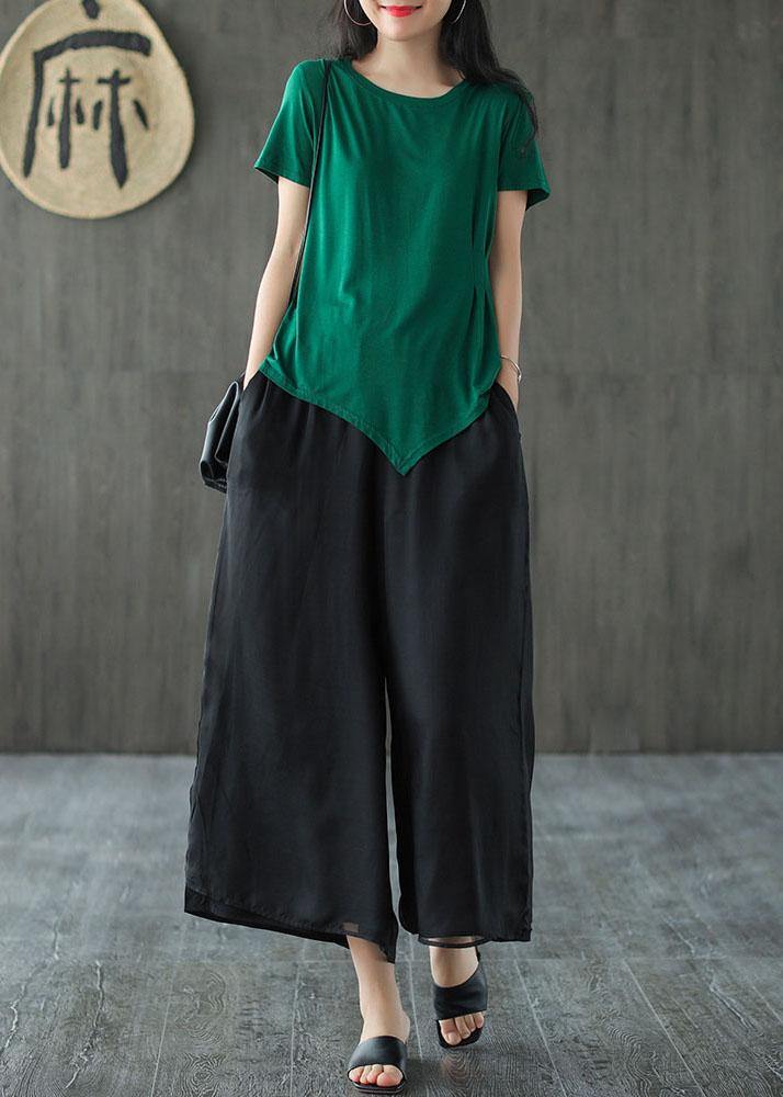Handmade Black-print1 Elastic Waist Retro Wide Leg Crop Pants