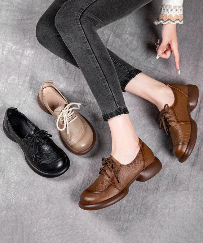 Brown Cowhide Leather Lace Up Splicing Flat Shoes for