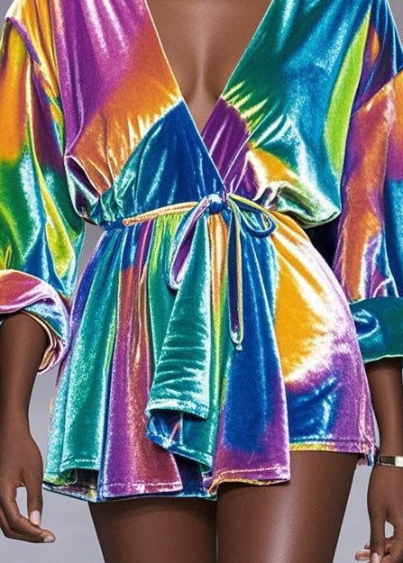 Rainbow Tie Waist Tie Dye Silk Velour Shirt Fall