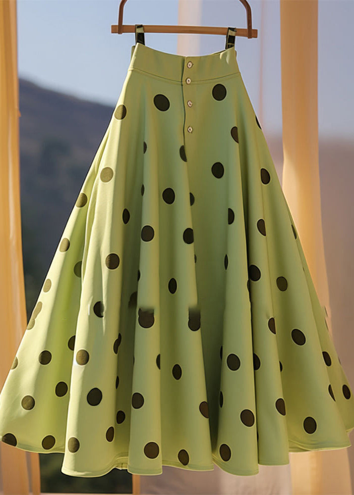 French Green Dot Print Chiffon a Line Skirt Summer