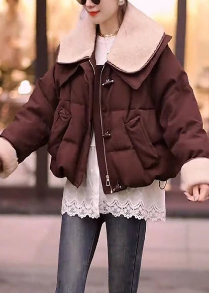 Brown Peter Pan Collar Patchwork Fine Cotton Filled Jackets Winter