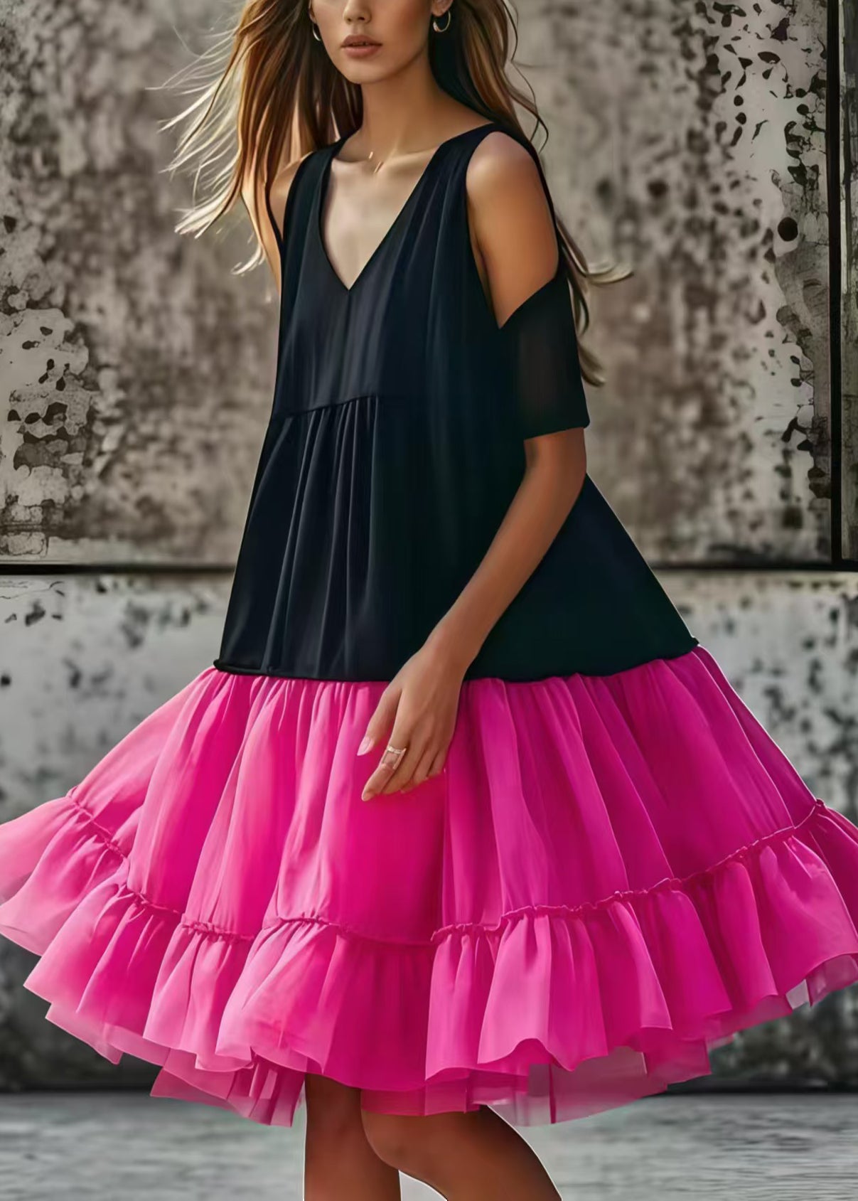 Black Cold Shoulder Tulle Patchwork Cotton Tea Dress Summer