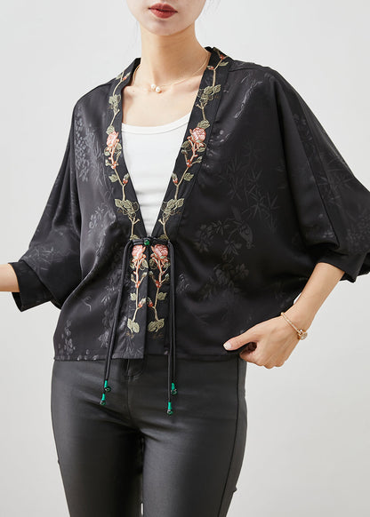 Black Embroideried Tasseled Silk Cardigan Spring