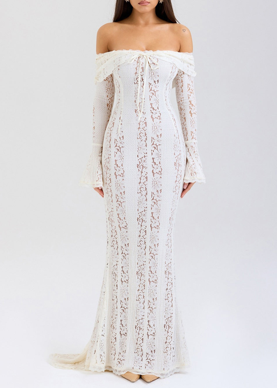 French One Neck Off Shoulder Lace Dress Flared Sleeves
