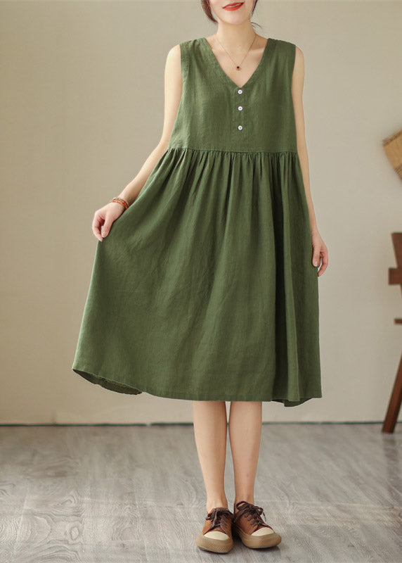 Organic Green V Neck Patchwork Wrinkled Cotton Long Dress Summer