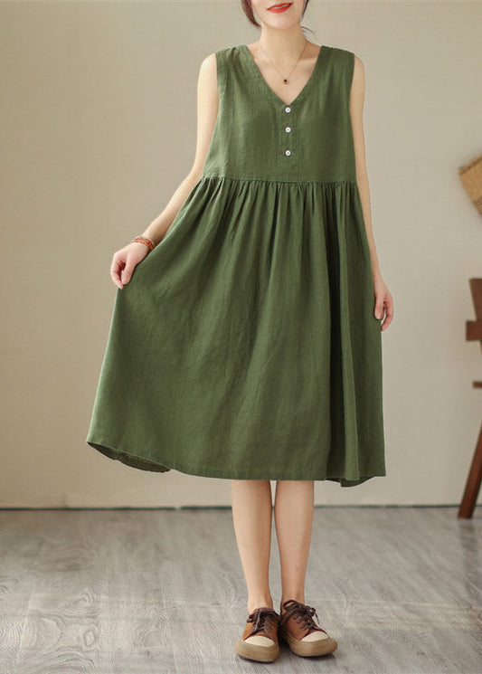 Organic Green V Neck Patchwork Wrinkled Cotton Long Dress Summer