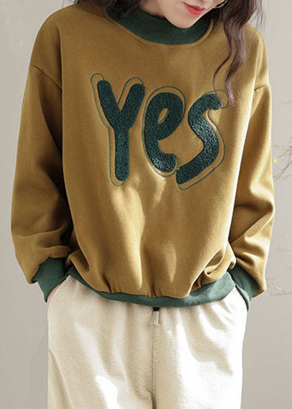 Yellow Embroidered Patchwork Warm Fleece Pullover Sweatshirt Spring