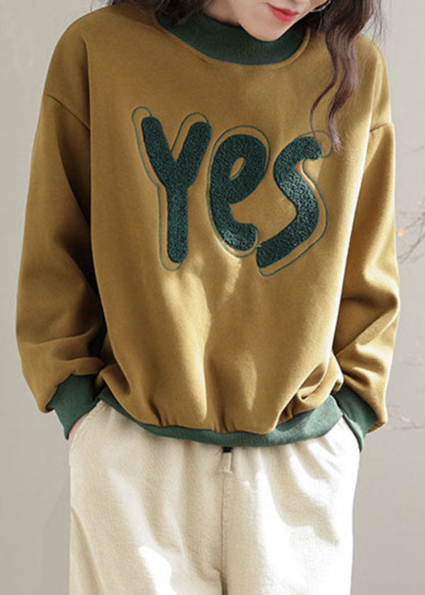 Yellow Embroidered Patchwork Warm Fleece Pullover Sweatshirt Spring