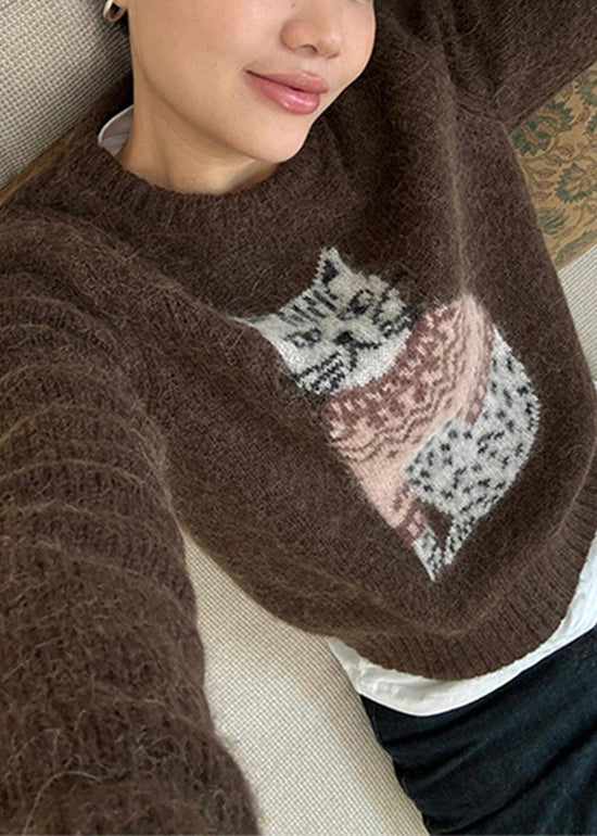 Coffee O Neck Cats Jacquard Knit Sweater Winter