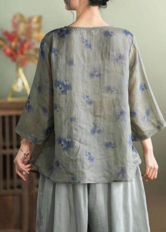 Grey Patchwork Linen Tops and Pants Two Pieces Set O Neck Summer