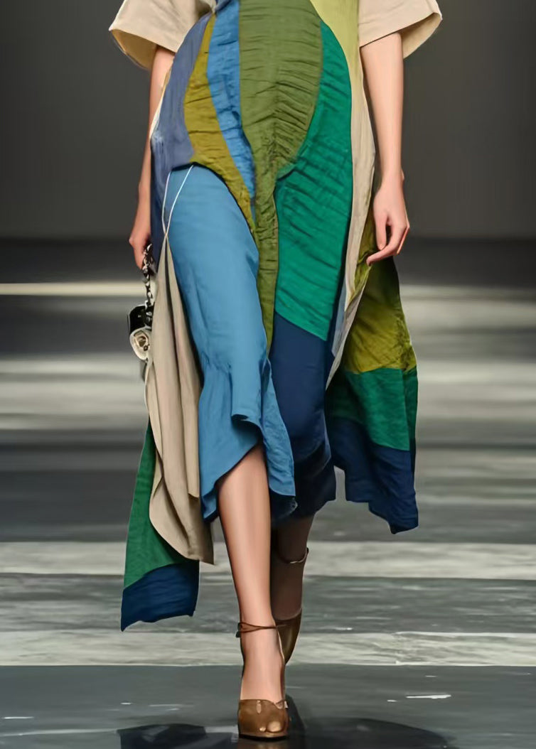 Colorblock Asymmetrical Design Wrinkled Cotton Dresses Summer