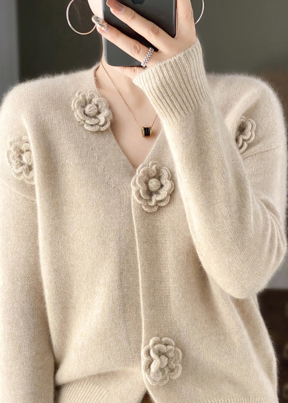 Handmade Beige V Neck Crochet Cashmere Knit Cardigan Spring