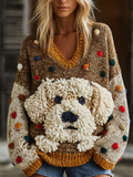 Comstylish Lady Retro Cute Dog Plush Comfortable Knitted Sweater.