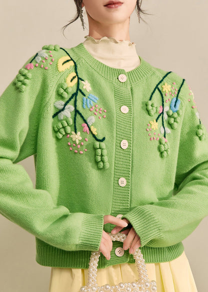 Green Embroidered Button Cotton Knit Cardigans Spring