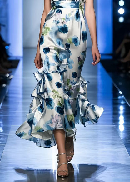 Blue Print Silk Mini Dresses Asymmetrical Summer