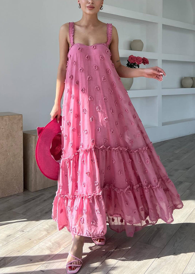 Pink Ruffled Cotton Spaghetti Strap Dress Sleeveless
