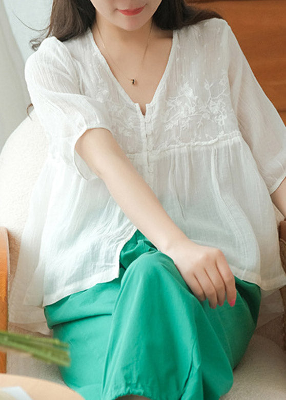 White V Neck Embroidered Patchwork Button Linen Shirt Half Sleeve