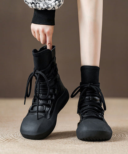 Splicing Platform Boots Black Cowhide Leather Lace Up