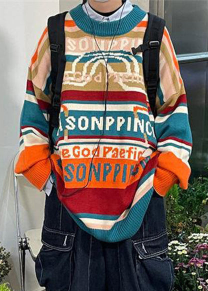 Blue Striped Letter Cotton Knit Sweaters Winter