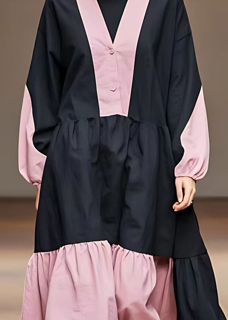 Pink Wrinkled Patchwork Maxi Dress Long Sleeve