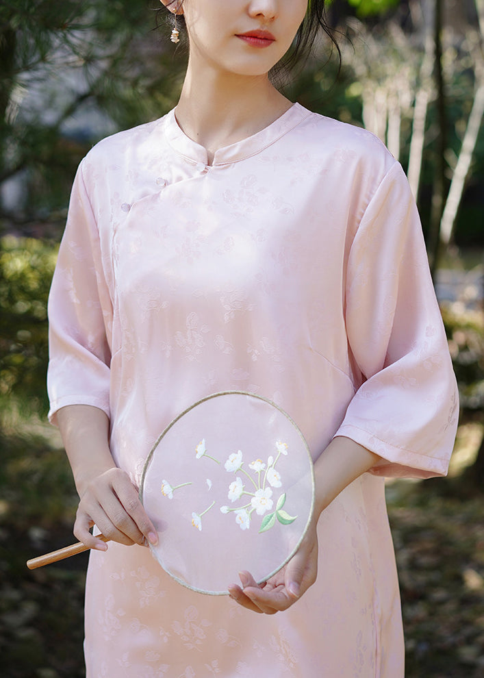 Pink Stand Collar Jacquard Silk Dresses Bracelet Sleeve