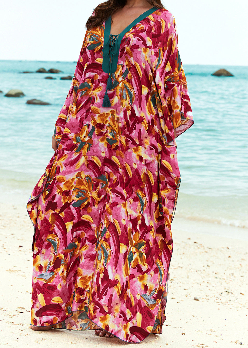 V Neck Print Lace Up Cotton Long Dresses Summer