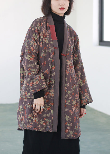 Purple Print Chinese Button Fine Cotton Filled Coats Winter