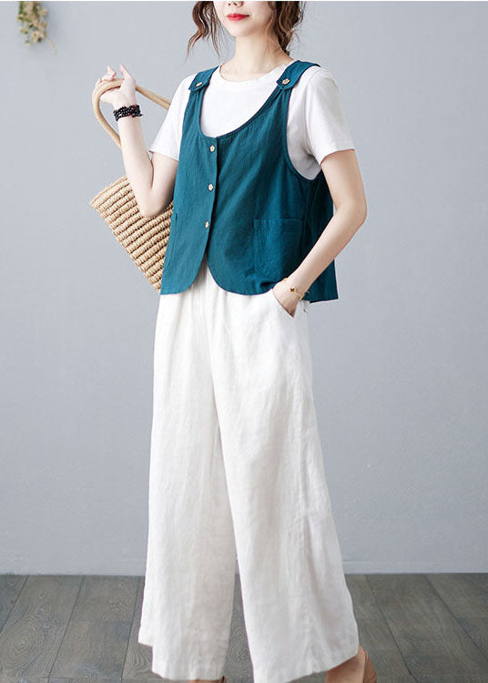 Handmade Sky Blue Button Pockets Color Linen Vests Sleeveless