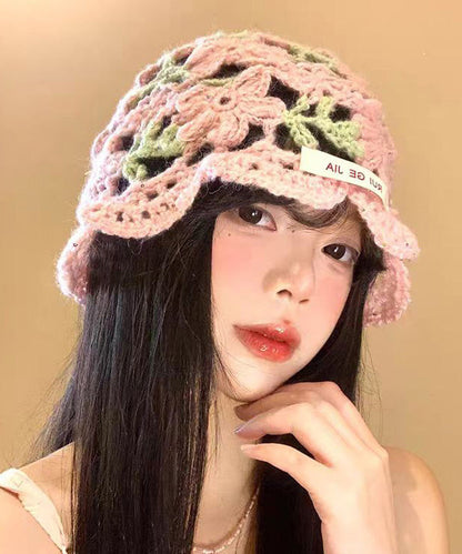 Pink Flower Hollow Thin Knitted Boonie Hat