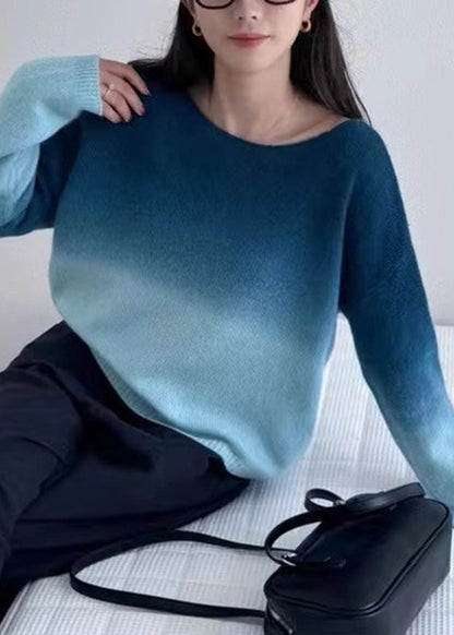 Gradient Color Pink O-neck Cotton Knit Sweaters Winter