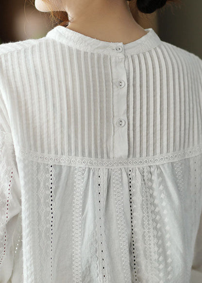 White Hollow Out Patchwork Wrinkled Cotton Tops Fall