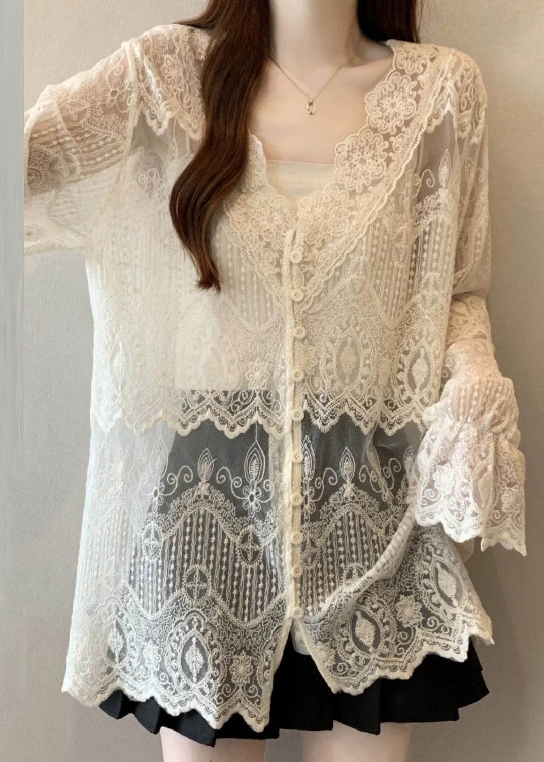 Apricot V Neck Button Lace Shirt Butterfly Sleeve