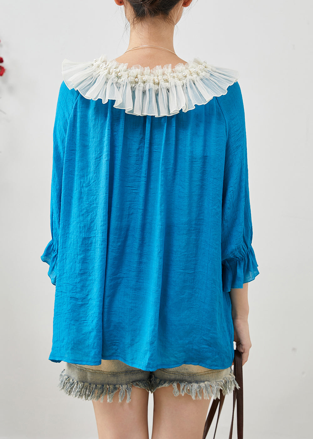 Blue Loose Chiffon Shirt Tops Peter Pan Collar Nail Bead Fall