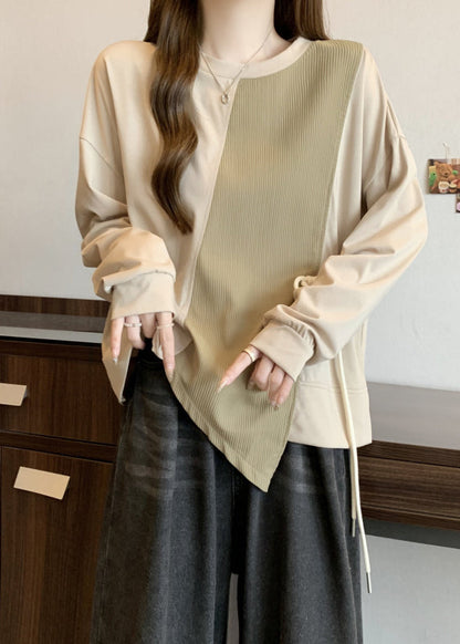 Khaki Asymmetrical Patchwork Cotton Sweatshirt Fall