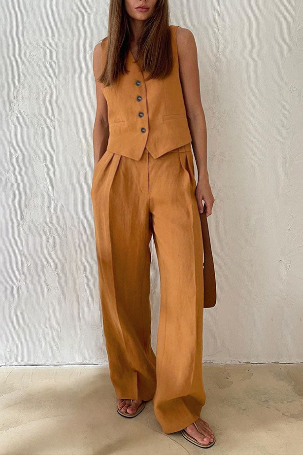 Color Cotton and Linen V-neck Vest Long Pants Set