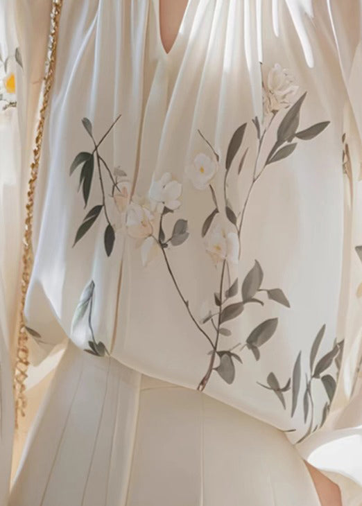 White Ruffled Print Chiffon Shirt Fall