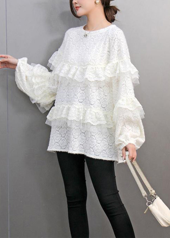 Natural Pink O-neck Ruffled Lace Patchwork Tops Lantern Sleeve
