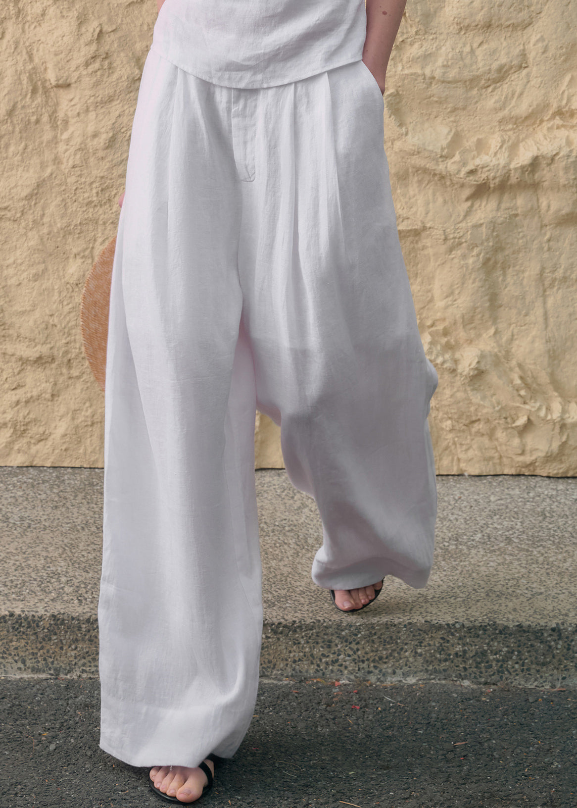 Simple Style White Pockets Linen Straight Pants Summer