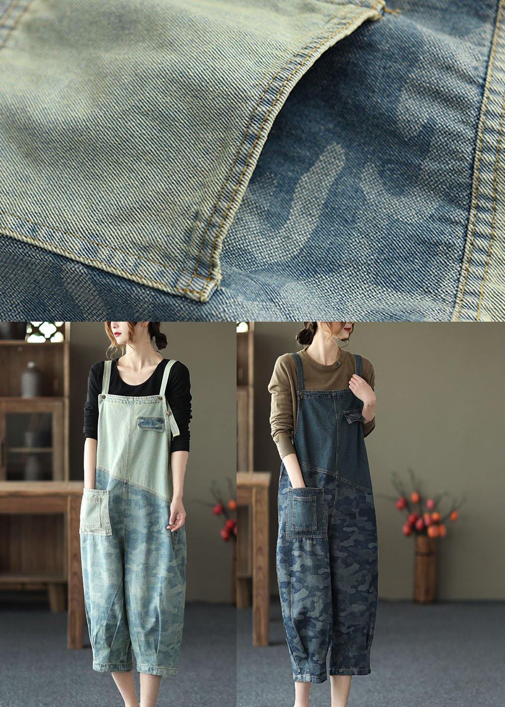 Light Blue Pockets Patchwork Jumpsuit Crop Pants