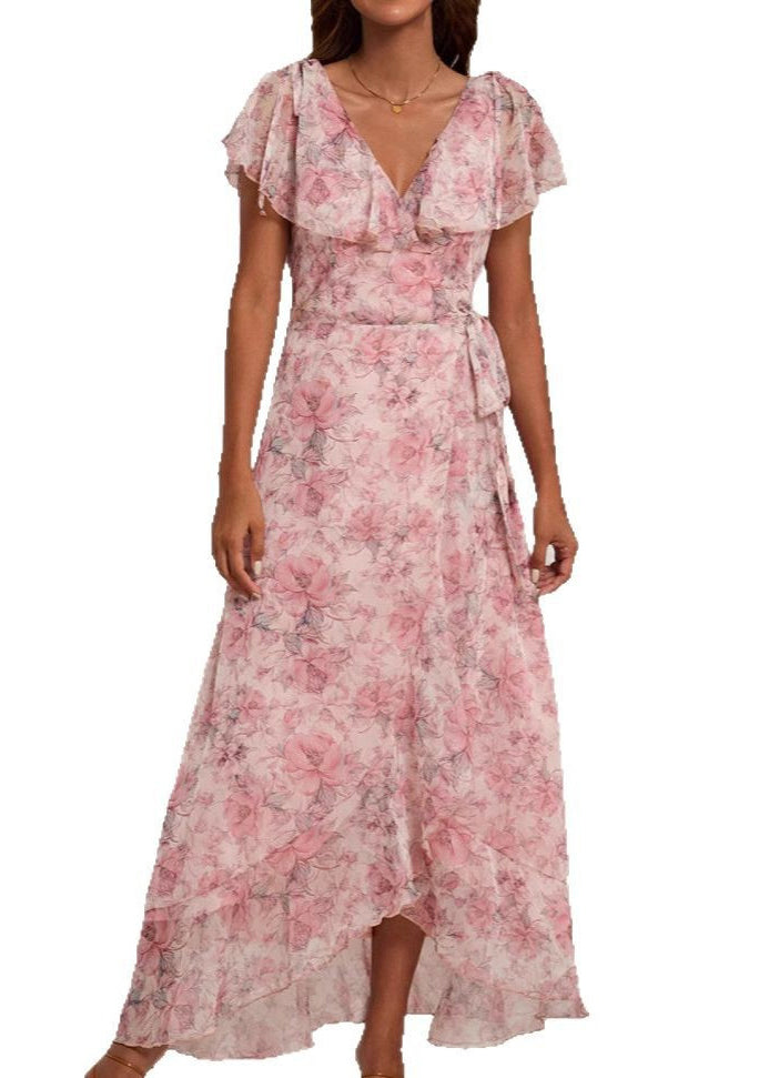 Pink V Neck Print Lace Up Chiffon Long Dresses Summer