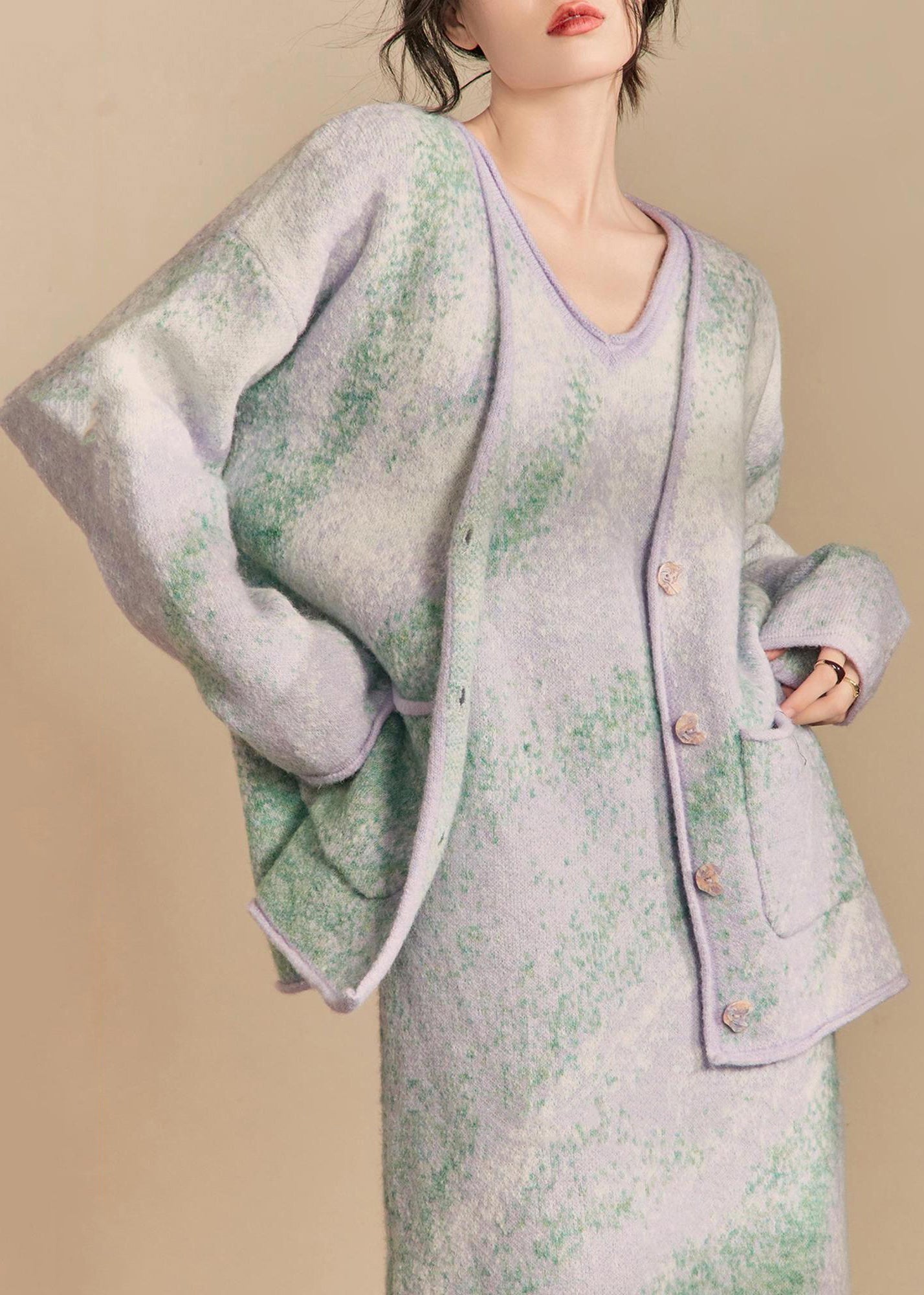 Loose Gradient Color Pockets Coats and Dress Knit Two Pieces Set Winter