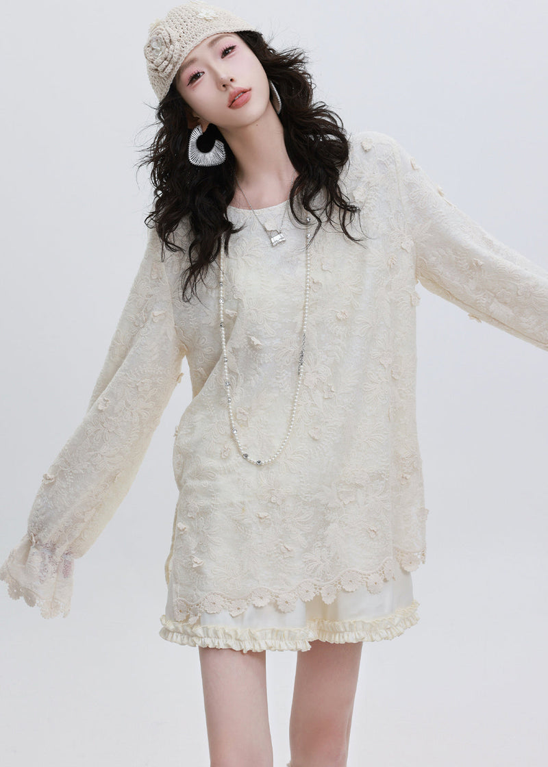 Classy White Embroidered Lace Blouse Tops Spring