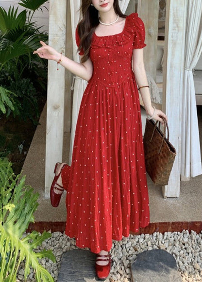 French Red Square Collar Ruffled Dot Print Cotton Dresses Summer