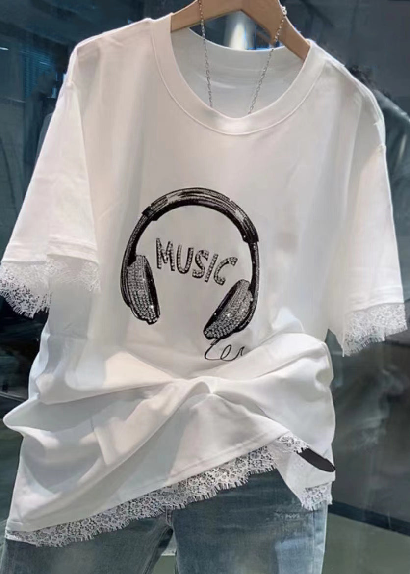 White O Neck Zircon Lace Patchwork T Shirt Summer