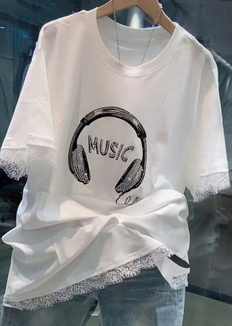White O Neck Zircon Lace Patchwork T Shirt Summer