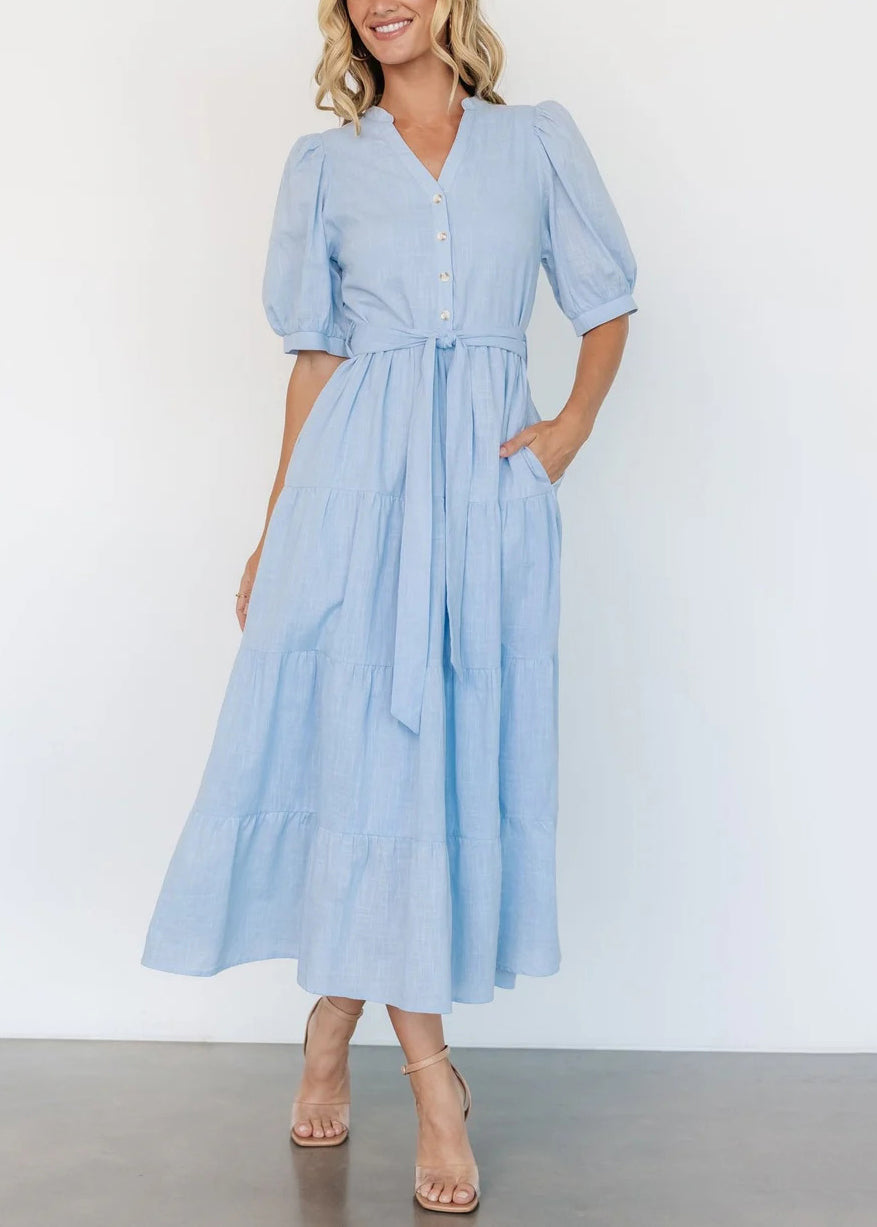 Light Blue V Neck Pockets Cotton Long Dress Summer