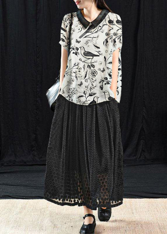 White Patchwork Turn-down Collar Summer Short Sleeve Top