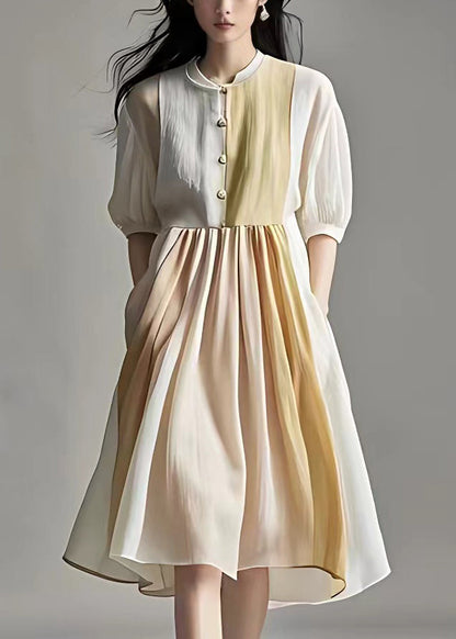 Beige Wrinkled Pockets Linen Dress Half Sleeve