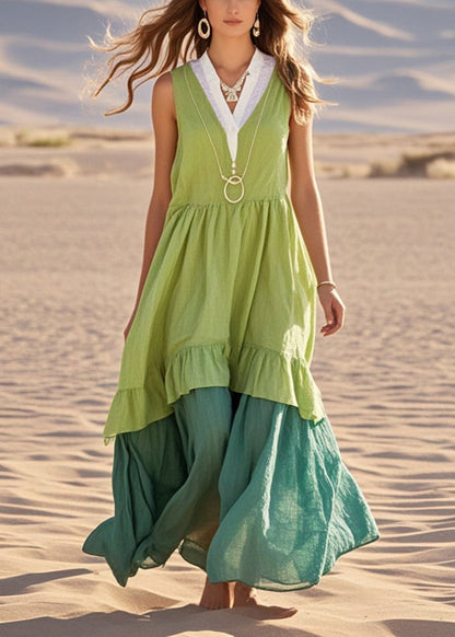 Green Patchwork Cotton Maxi Dresses Exra Large Hem Sleeveless